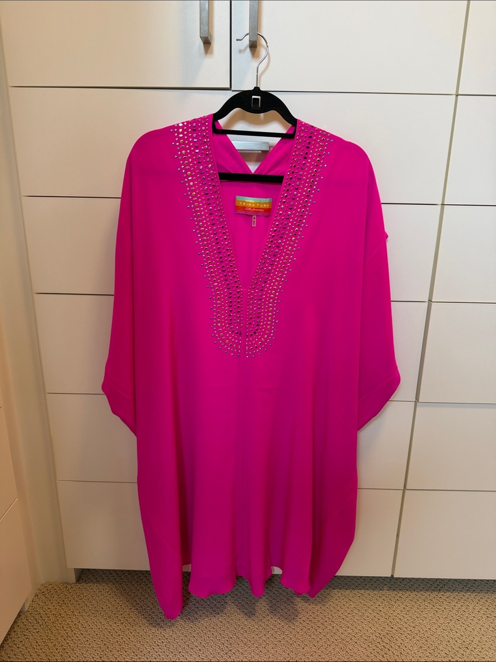 Rare Trina Turk Hot Pink Jeweled Kaftan Tunic